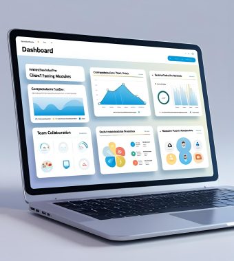 Digital dashboard interface on laptop screen with client training, reporting tools, and team collaboration concept Digital dashboard interface on laptop screen with client training, reporting tools, and team collaboration concept