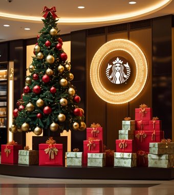 Festive coffee brand installation at luxury mall with holiday décor on a Christmas tree, gift bags, and illuminated signage Festive coffee brand installation at luxury mall with holiday décor on a Christmas tree, gift bags, and illuminated signage