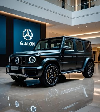 Luxury German electric G-Wagon car display in upscale shopping mall with branding screens and ambient lighting Luxury German electric G-Wagon car display in upscale shopping mall with branding screens and ambient lighting