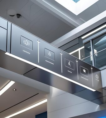 Modern indoor mall signage redesign with architectural elements, navigation icons, and a minimalist wayfinding system on top of a mall directory Modern indoor mall signage redesign with architectural elements, navigation icons, and a minimalist wayfinding system on top of a mall directory