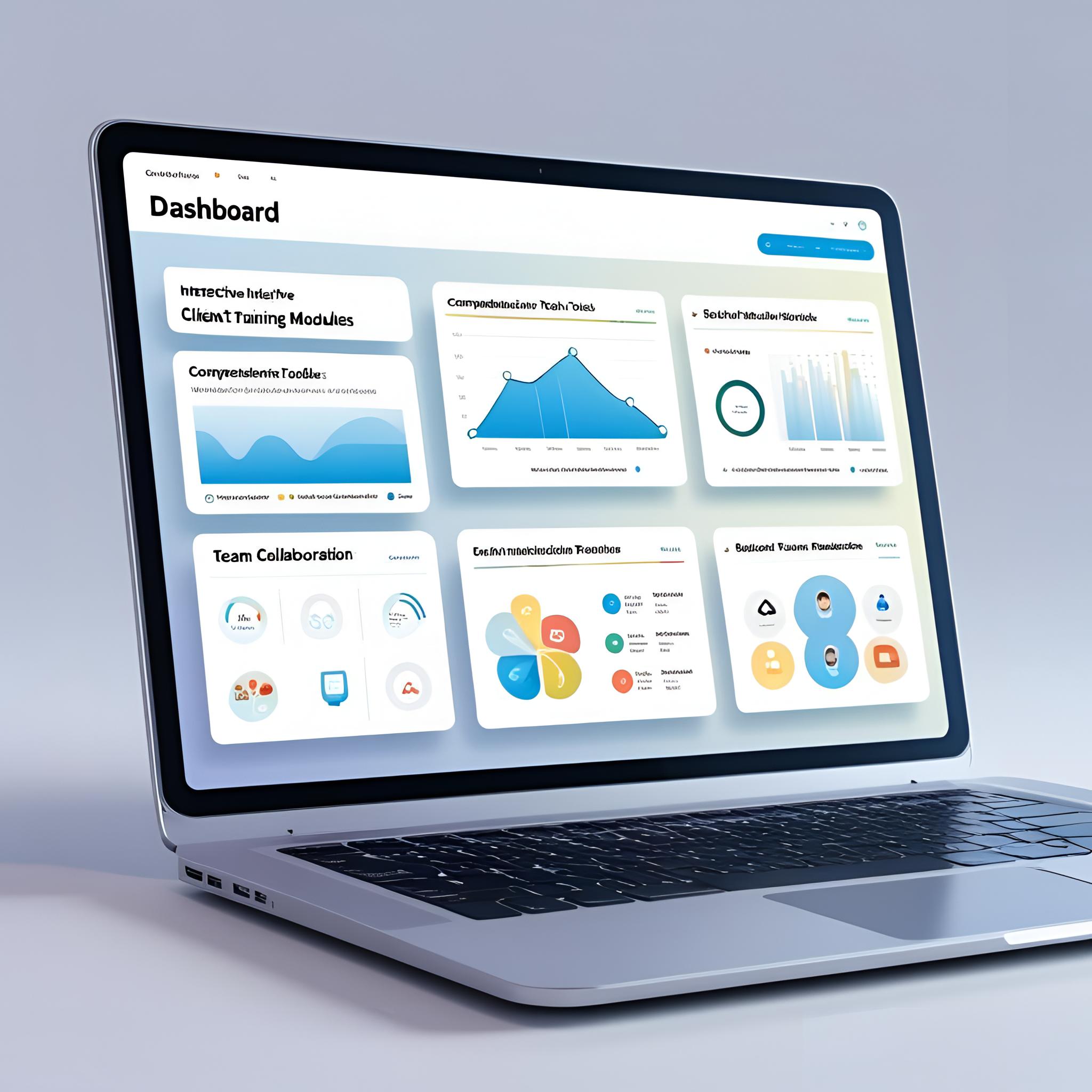 Digital dashboard interface on laptop screen with client training, reporting tools, and team collaboration concept Digital dashboard interface on laptop screen with client training, reporting tools, and team collaboration concept