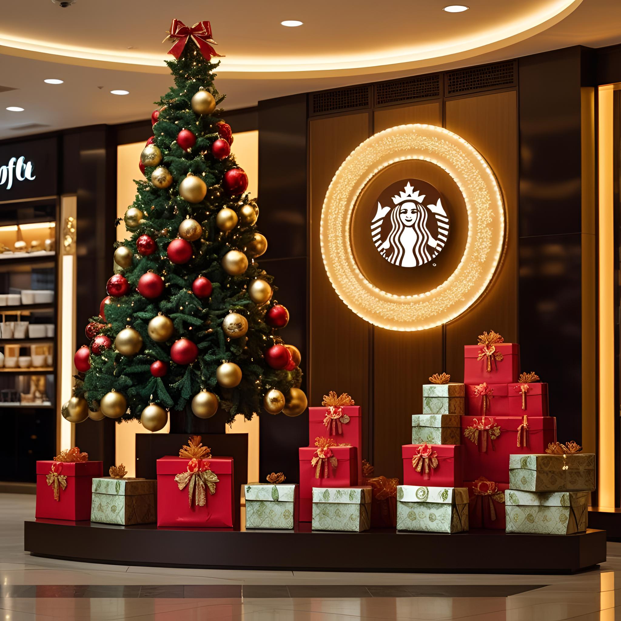 Festive coffee brand installation at luxury mall with holiday décor on a Christmas tree, gift bags, and illuminated signage Festive coffee brand installation at luxury mall with holiday décor on a Christmas tree, gift bags, and illuminated signage