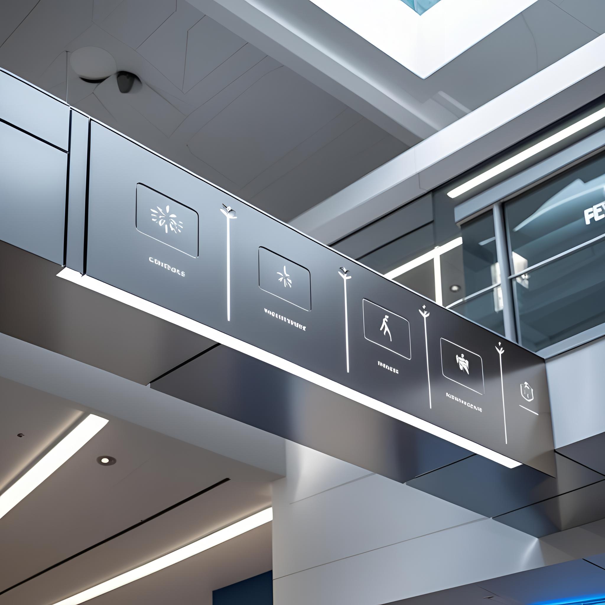 Modern indoor mall signage redesign with architectural elements, navigation icons, and a minimalist wayfinding system on top of a mall directory Modern indoor mall signage redesign with architectural elements, navigation icons, and a minimalist wayfinding system on top of a mall directory